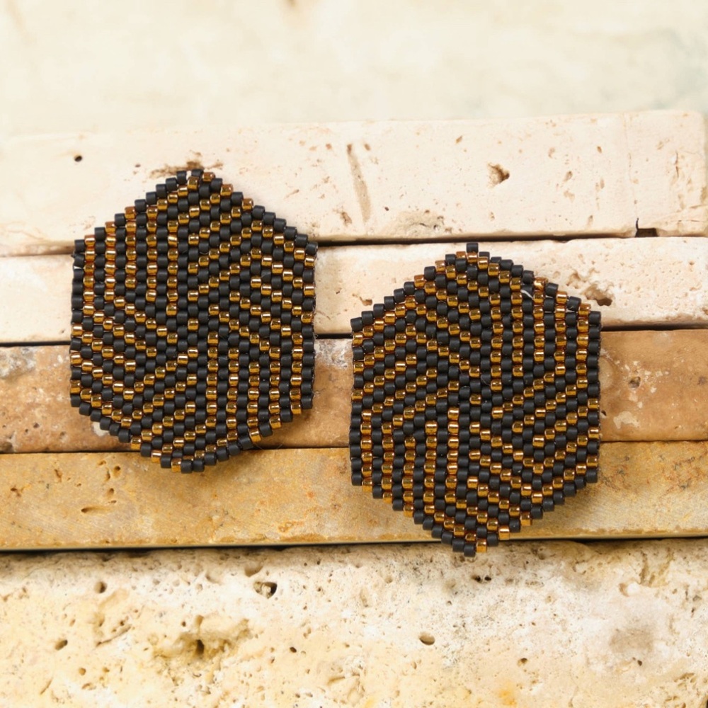 Beaded Handwoven Hexagon Stud Earrings